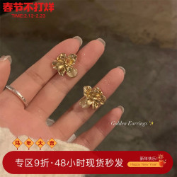 法式復古金屬貓眼石立體花朵耳環女輕奢高級感小衆設計耳釘耳飾