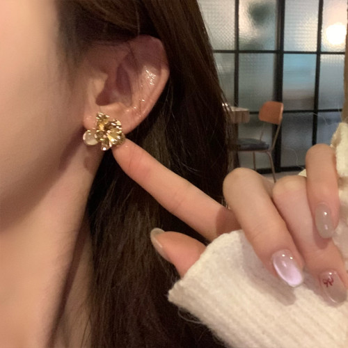 法式復古金屬貓眼石立體花朵耳環女輕奢高級感小衆設計耳釘耳飾