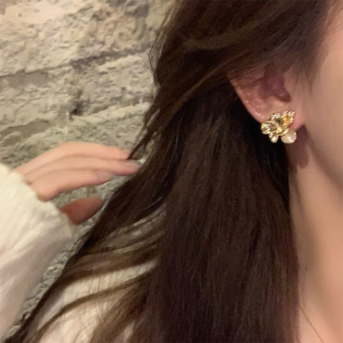 法式復古金屬貓眼石立體花朵耳環女輕奢高級感小衆設計耳釘耳飾