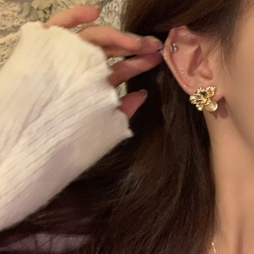 法式復古金屬貓眼石立體花朵耳環女輕奢高級感小衆設計耳釘耳飾