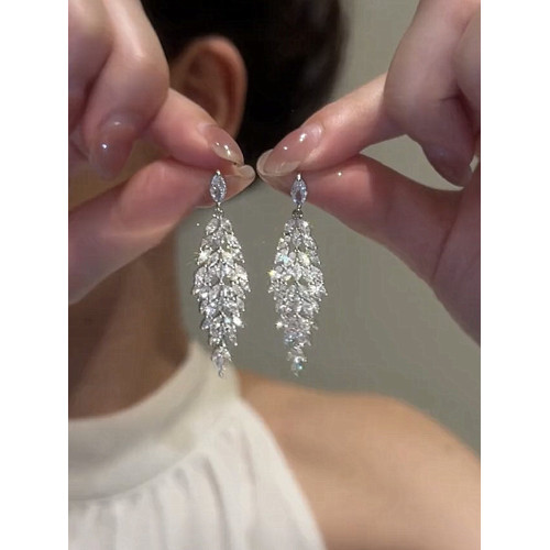 2024新款潮耳飾禮服晚宴耳環新款潮奢華閃鑽長款流蘇s925銀針耳墜