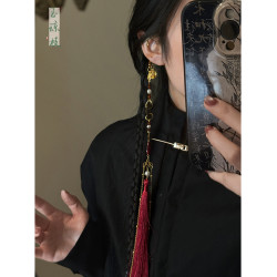 新中式古舊銅錢長款流蘇耳掛女招財無耳洞耳環古風誇張耳飾男