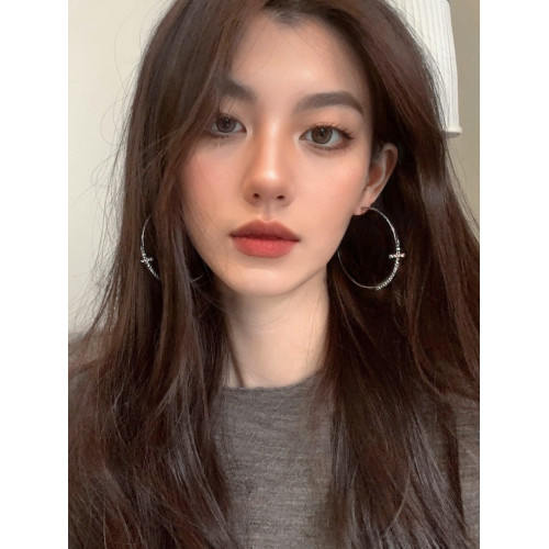 誇張閃鑽十字架素圈大圓環7cm耳環小衆設計高級感耳釘顯臉小耳夾