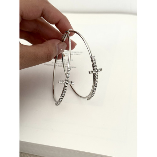 誇張閃鑽十字架素圈大圓環7cm耳環小衆設計高級感耳釘顯臉小耳夾