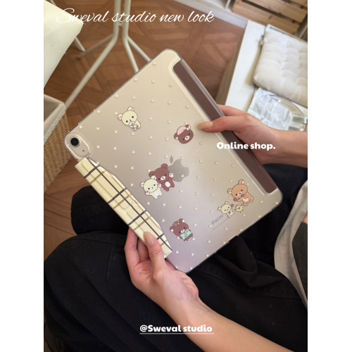 甜味山穀筆袋款～秋冬咖啡輕松熊可愛卡通日系平板保護殼防彎磨砂亞克力背板適用於ipad蘋果air456pro2022