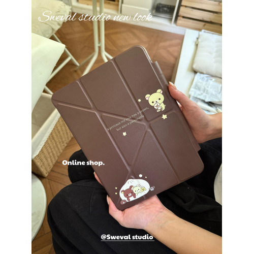 甜味山穀筆袋款～秋冬咖啡輕松熊可愛卡通日系平板保護殼防彎磨砂亞克力背板適用於ipad蘋果air456pro2022