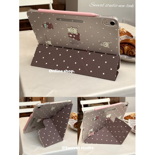 甜味山穀筆袋款～秋冬咖啡輕松熊可愛卡通日系平板保護殼防彎磨砂亞克力背板適用於ipad蘋果air456pro2022