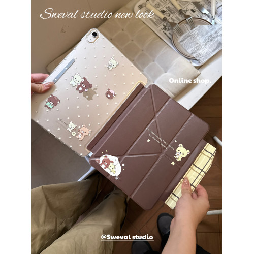 甜味山穀筆袋款～秋冬咖啡輕松熊可愛卡通日系平板保護殼防彎磨砂亞克力背板適用於ipad蘋果air456pro2022