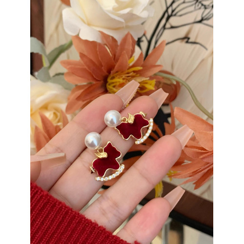 冬季可愛絲絨小馬珍珠耳環無耳洞耳夾女紅色新年本命年禮物耳飾品