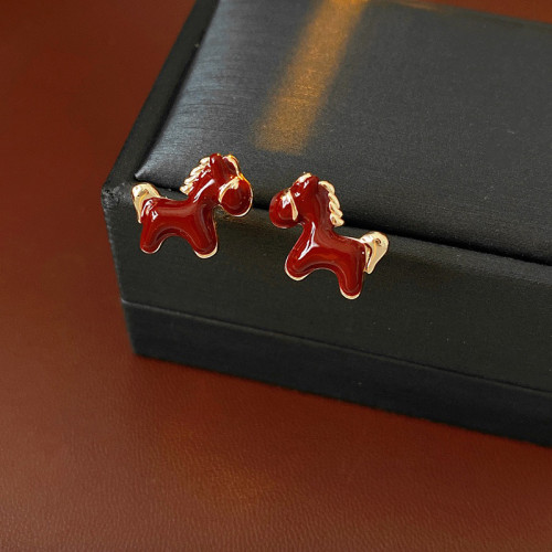 【馬到成功】可愛酒紅色迷你小馬耳釘馬年生肖馬耳環過年耳夾新款