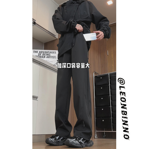 沖鋒褲男士潮牌秋冬加絨新款防風寬鬆直筒運動工裝休閒大碼長褲子