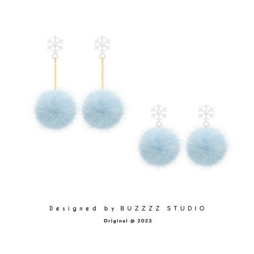 原創白色雪花毛絨毛球耳釘冬季氣質銀針長款耳環無耳洞耳夾耳飾