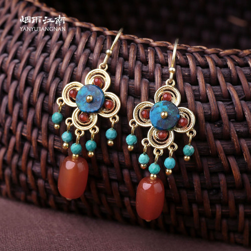*藏式新民族風紅色耳環瑪瑙松石國風耳飾耳夾女耳墜復古宮廷飾品 *藏式新民族風紅色耳環瑪瑙松石國風耳飾耳夾女耳墜復古宮廷飾品