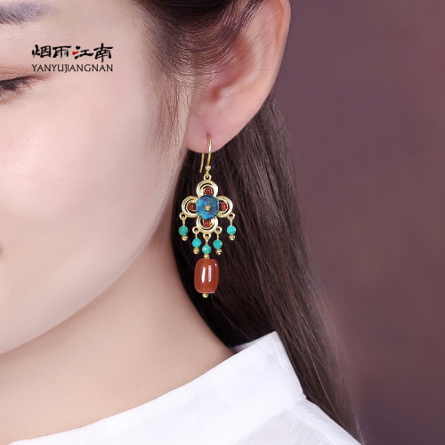 *藏式新民族風紅色耳環瑪瑙松石國風耳飾耳夾女耳墜復古宮廷飾品 *藏式新民族風紅色耳環瑪瑙松石國風耳飾耳夾女耳墜復古宮廷飾品