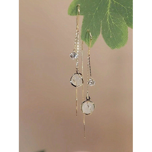 時尚貓眼石流蘇耳線超仙長款圓臉耳環2025年新款氣質輕奢小衆耳飾