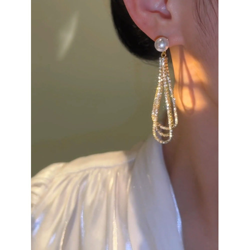 高級感長款滿鑽流蘇耳墜925銀針珍珠耳環時尚大氣設計感氣質耳飾