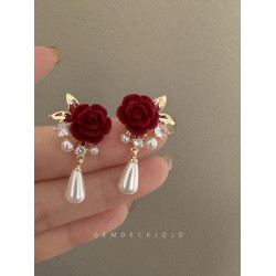 紅色絲絨玫瑰花朵耳環銀針復古珍珠耳飾氣質新款植絨新娘禮服耳釘
