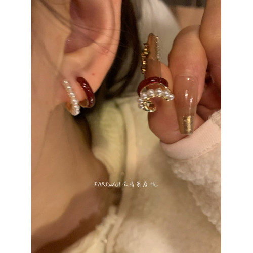 超精緻～珍珠耳環2025新款紅色耳飾聖誕耳釘輕奢高級感氣質耳墜女