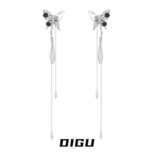 DIGU甜酷辣妹黑玫瑰蝴蝶流蘇耳夾無耳洞輕奢小衆設計感耳骨夾耳飾