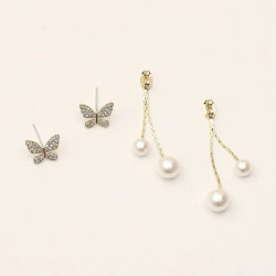 鋯石蝴蝶耳釘女小衆設計感長款珍珠耳墜2025年新款潮氣質耳環耳飾