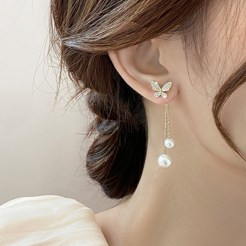 鋯石蝴蝶耳釘女小衆設計感長款珍珠耳墜2025年新款潮氣質耳環耳飾