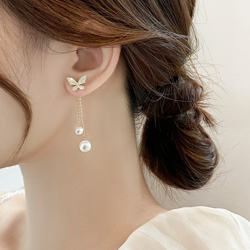 鋯石蝴蝶耳釘女小衆設計感長款珍珠耳墜2025年新款潮氣質耳環耳飾