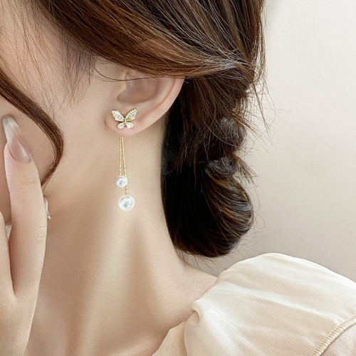 鋯石蝴蝶耳釘女小衆設計感長款珍珠耳墜2025年新款潮氣質耳環耳飾