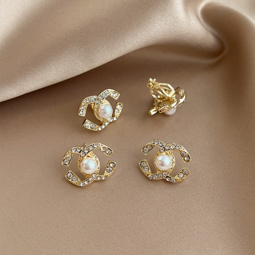 小香風雙C耳夾女士無耳洞耳環輕奢高級感耳釘氣質珍珠款耳墜耳飾