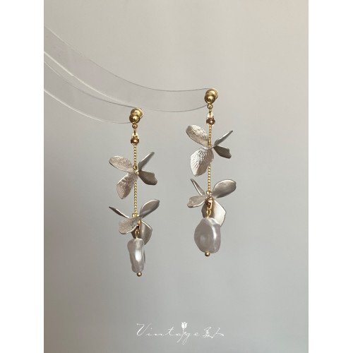 「鳶尾」系列 法式復古文藝森系原創高級感小衆花朵珍珠耳環/耳夾