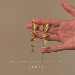 「月蝶鎏金」金色蝴蝶耳環女高級感流蘇耳墜液態金屬復古法式耳飾