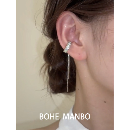 小衆輕奢高級感耳環長款流蘇耳夾鋯石設計雙流蘇耳骨夾無耳洞耳飾