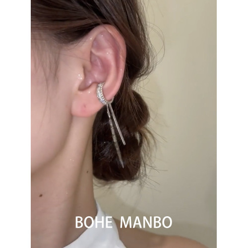 小衆輕奢高級感耳環長款流蘇耳夾鋯石設計雙流蘇耳骨夾無耳洞耳飾