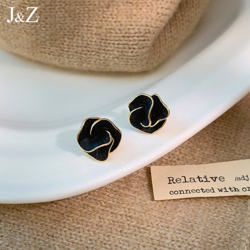 黑色山茶花耳釘小香風耳飾女氣質小衆設計獨特秋冬耳環高級感輕奢