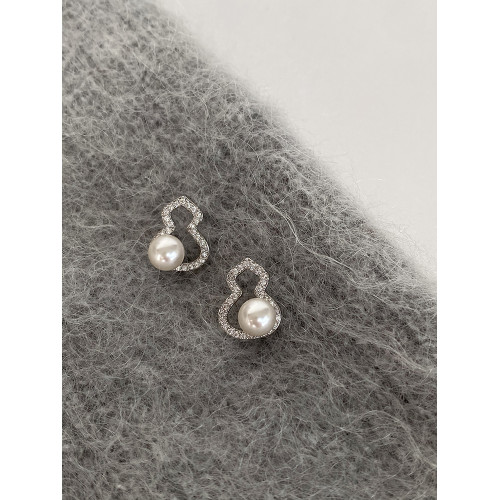 DOUDOUSTORE新中式施家珍珠葫蘆耳釘高級感微鑲鋯石耳環福祿女