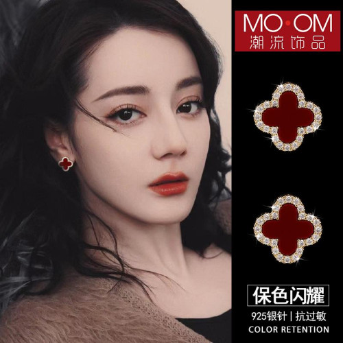 酒紅色四葉草耳釘女輕奢高級感氣質耳環大氣耳夾耳飾2025新款爆款