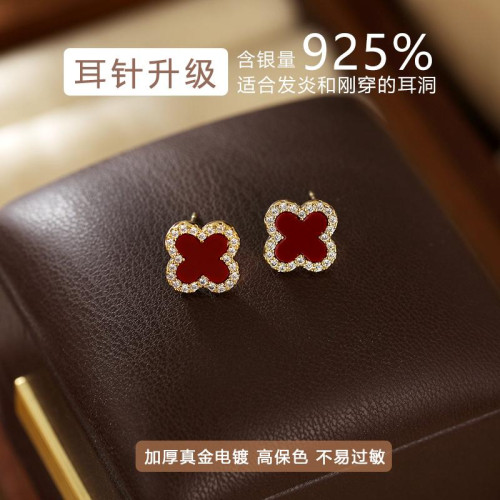 酒紅色四葉草耳釘女輕奢高級感氣質耳環大氣耳夾耳飾2025新款爆款
