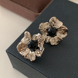 肌理感金屬花朵耳釘輕奢黑色瑪瑙耳環2026新款爆款高級感復古耳飾