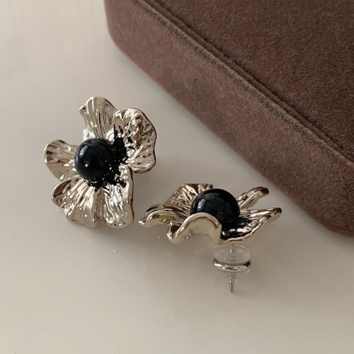 肌理感金屬花朵耳釘輕奢黑色瑪瑙耳環2026新款爆款高級感復古耳飾