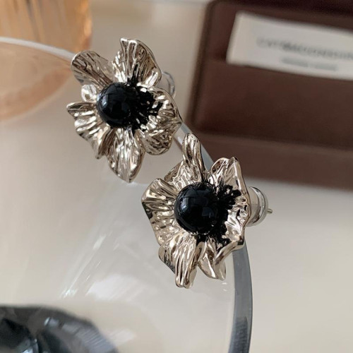 肌理感金屬花朵耳釘輕奢黑色瑪瑙耳環2026新款爆款高級感復古耳飾