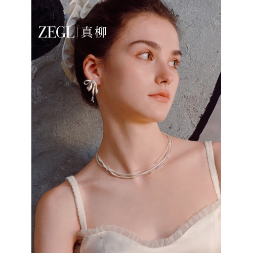 孫樂言同款ZEGL真柳設計師絲帶蝴蝶結耳飾女新款耳夾耳釘流蘇耳環