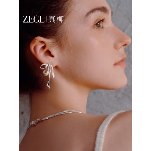 孫樂言同款ZEGL真柳設計師絲帶蝴蝶結耳飾女新款耳夾耳釘流蘇耳環