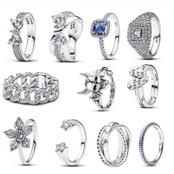 潘家925銀新品蝴蝶結戒指交纏方形大滿鑽五角星萬聖節戒指