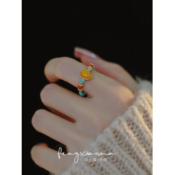 蜜蠟戒指偏財女士旺財復古時尚高級感松石食指戒新中式國風指環