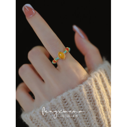 蜜蠟戒指偏財女士旺財復古時尚高級感松石食指戒新中式國風指環 蜜蠟戒指偏財女士旺財復古時尚高級感松石食指戒新中式國風指環