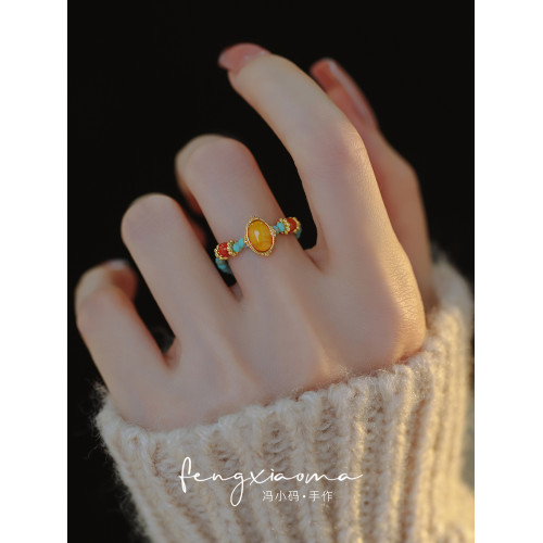 蜜蠟戒指偏財女士旺財復古時尚高級感松石食指戒新中式國風指環 蜜蠟戒指偏財女士旺財復古時尚高級感松石食指戒新中式國風指環