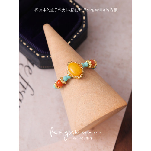 蜜蠟戒指偏財女士旺財復古時尚高級感松石食指戒新中式國風指環 蜜蠟戒指偏財女士旺財復古時尚高級感松石食指戒新中式國風指環