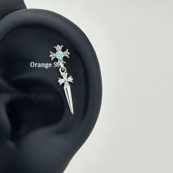 Orange Sea甜酷風藍色鋯石十字架耳骨釘獨特鈦鋼尖錐吊墜耳環耳飾