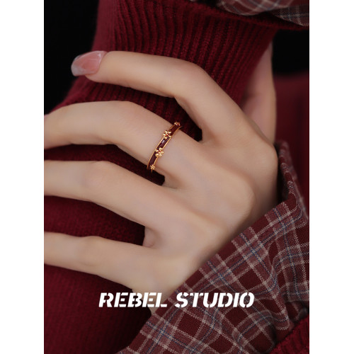 紅色滴油花朵戒指女款溫柔氣質小衆復古輕奢高級感開口食指戒指環