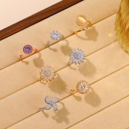 戒指女微鑲花朵旋轉鋯石氣質氣質冷淡風滿鑽愛心戒指飾品