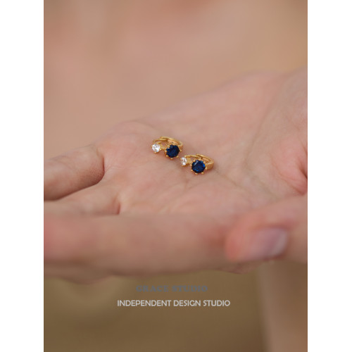 G/S波羅的海 精緻迷你復古寶藍色鋯石鑲嵌耳圈輕奢高品質耳環女